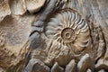 detail of nautilus shell fossil in a rock matrix