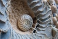 detail of nautilus shell fossil in a rock matrix