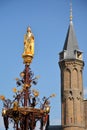 Detail of the neo-gothic fountain golden statue representing King Willem 2, 18 century with a turret of the Ridderzaal