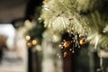 Detail of New Year decoration, Christmas tree with toys on the street during the day. Royalty Free Stock Photo