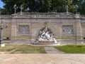 Detail of nymph fountain and reliefs on wall of staircase outside Montagnola park, Bologna ITALY Royalty Free Stock Photo