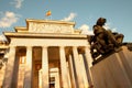 Detail od the facade of Prado art Museum and painter Velazquez statue in Madrid, Spain