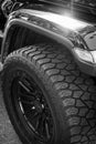 Detail of an off-road vehicle tire. Tires for four wheel drive vehicles Royalty Free Stock Photo