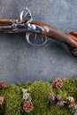 Detail of old antique long gun with forest still life on grey background, historical weapons Royalty Free Stock Photo