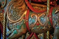 detail of an old carousel horses saddle and stirrups