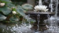 Detail of an old classic style stone fountain with flowing water. Royalty Free Stock Photo