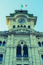 Detail of old clock and bell tower from Town Hall Building in Trieste, Italy Royalty Free Stock Photo