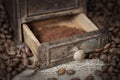 Detail of an old coffee grinder with coffee beans Royalty Free Stock Photo