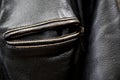 Unzipped black leather motorcycle jacket pocket