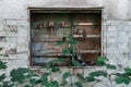 Detail of an old electric switchboard with most parts missing, built in a facade of a very old abandoned building falling apart