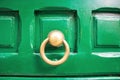 Detail of an old external green wooden door with brass knocker Royalty Free Stock Photo