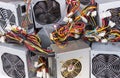 Detail of old power supply units heap as electrical background