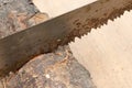 Detail of old saw, sawing wooden log, trunk.