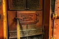 Detail of old Sirocco air heater oven door. This vintage oven manufactured by Davidson Royalty Free Stock Photo