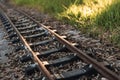 Detail of the old sleepers that hold the rails of a small train track Royalty Free Stock Photo
