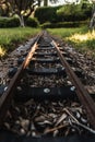Detail of the old sleepers that hold the rails of a small train track Royalty Free Stock Photo