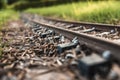 Detail of the old sleepers that hold the rails of a small train track Royalty Free Stock Photo