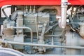 Detail of old tractor machine or engine. Whit visible fuel pump, air compressor, fuel filter and exhaust Royalty Free Stock Photo