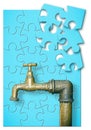 Detail of a old water brass faucet isolated on solid color background - solution concept in jigsaw puzzle shape Royalty Free Stock Photo