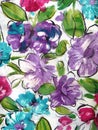 Detail of oriental style floral fabric with violet, blue flowers and green leaves. Spring and lovely texture Royalty Free Stock Photo