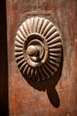 Detail of an ornate carved surround for a doorbell on a timber door