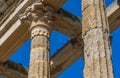 Detail of the ornate moldings on the Corinthian order columns and capitals of the well-preserved Roman Temple of Diana under a Royalty Free Stock Photo