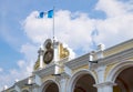 Detail of `Palacio de los Capitanes Generales` - Palace of the Captains General with country flag in Antigua, Guatemala Royalty Free Stock Photo