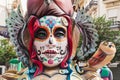 Detail of a paper mache sculpture with `dia de los muertos` catrina face for the national festival Fallas in Valencia, Spain