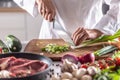 Detail of a person cutting spring onion on a copping board with raw meat and vegetables ingredients around