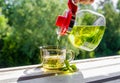 Detail of person hand pouring fresh leaf peppermint tea from clear glass transparent tea jug to tea cup. Royalty Free Stock Photo