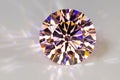 Detail photo focus stacking of a self-cut Cubic Zirconia with Pink color and Standard Round Brilliant cut, placed on a white acr