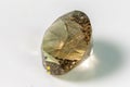 Detail photo focus stacking of a self-cut Rutile Quartz with Light smoke color and Round Brilliant with star cut, placed on a wh