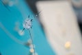 Detail of pierced hole in broken and shattered shop window of jeweler after attempted theft with blurred jewelry in background on