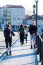 Detail of pilgrims across the Burgo Bridge in Pontevedra Spain