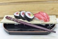 Detail of a plate with sushi and sashimi. Royalty Free Stock Photo