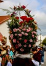 Pot decorated with season flowers at traditional event