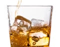 Detail of pouring scotch whiskey in glass with ice cubes on white Royalty Free Stock Photo