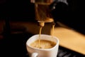 Detail of a professional coffe maker dripping coffe into an empty cup in a cafeteria