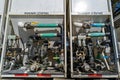 Detail of the pumps on a roadway striping truck parked in Bishop, California, USA - November 6, 2022