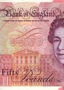 Detail of a Queen Elizabeth II Â£50 bank note from the United Kingdom. Royalty Free Stock Photo