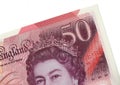 Detail of a Queen Elizabeth II Â£50 bank note from the United Kingdom. Royalty Free Stock Photo