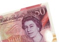 Detail of a Queen Elizabeth II Â£50 bank note from the United Kingdom. Royalty Free Stock Photo