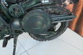 Detail of rear wheel of motorbike real life replica of motorbikes from postapocalyptic movie Mad Max - Fury Road