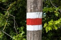 Detail of red striped hiking mark, Slovakia