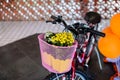 detail of redbike carrying flowers on front basket, which is pink