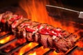 detail of removeable blade slicing grilled lamb kebab