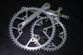 Detail for a road bike on a black background. Old school crankset. close-up Royalty Free Stock Photo