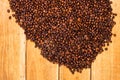 Detail of roasted coffee beans on wooden background, top view, copy space for text, close up coffee photo Royalty Free Stock Photo