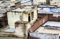 Detail of the roofs in a slum in Agra, India near Taj Mahal with broken stuff around showing the povetry in this country