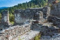 Detail of a ruined castle, with a panoramic view of the mountainous landscape Royalty Free Stock Photo